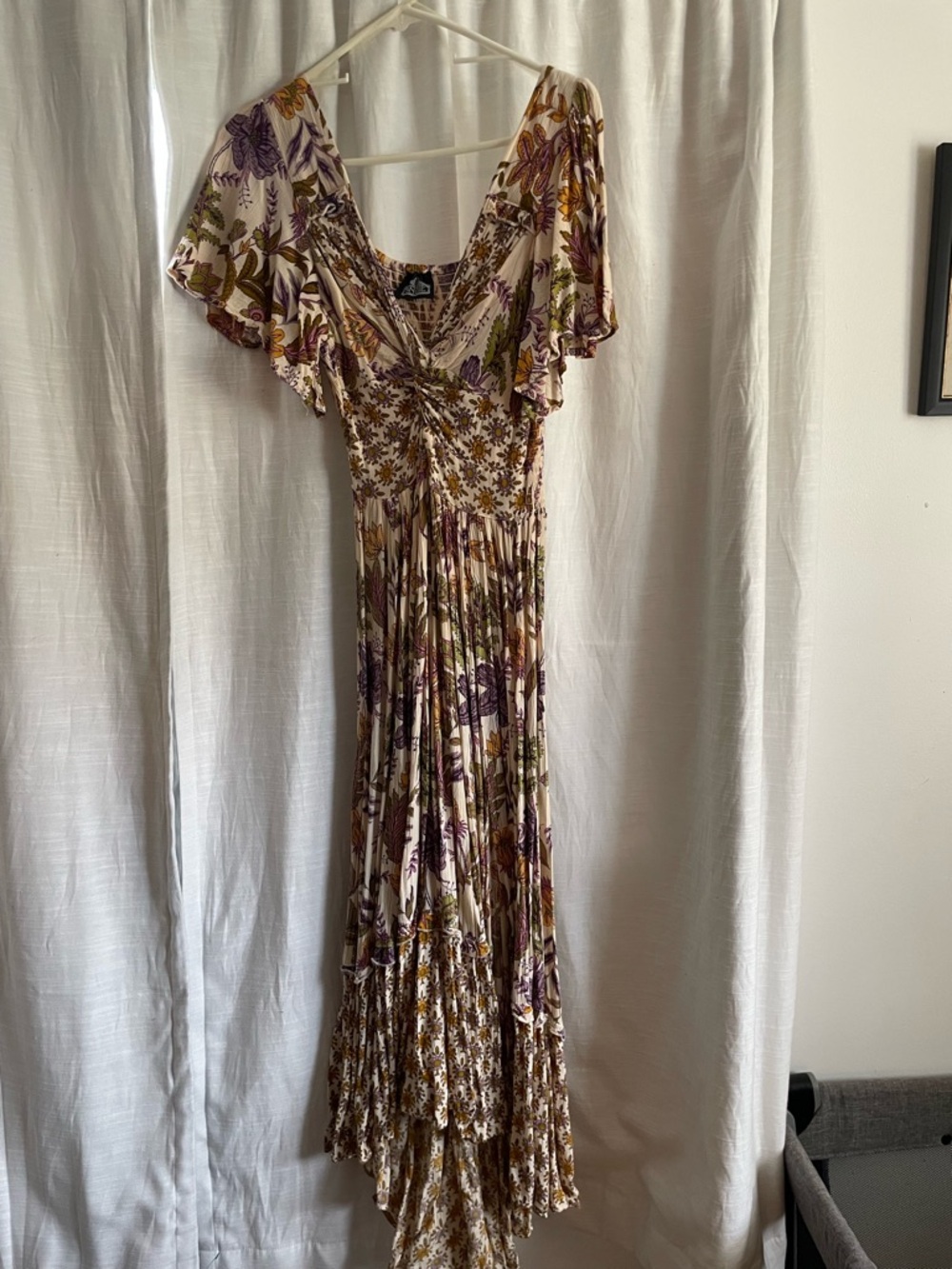 Angie Cream Floral Maxi Dress with Purple & Olive Print